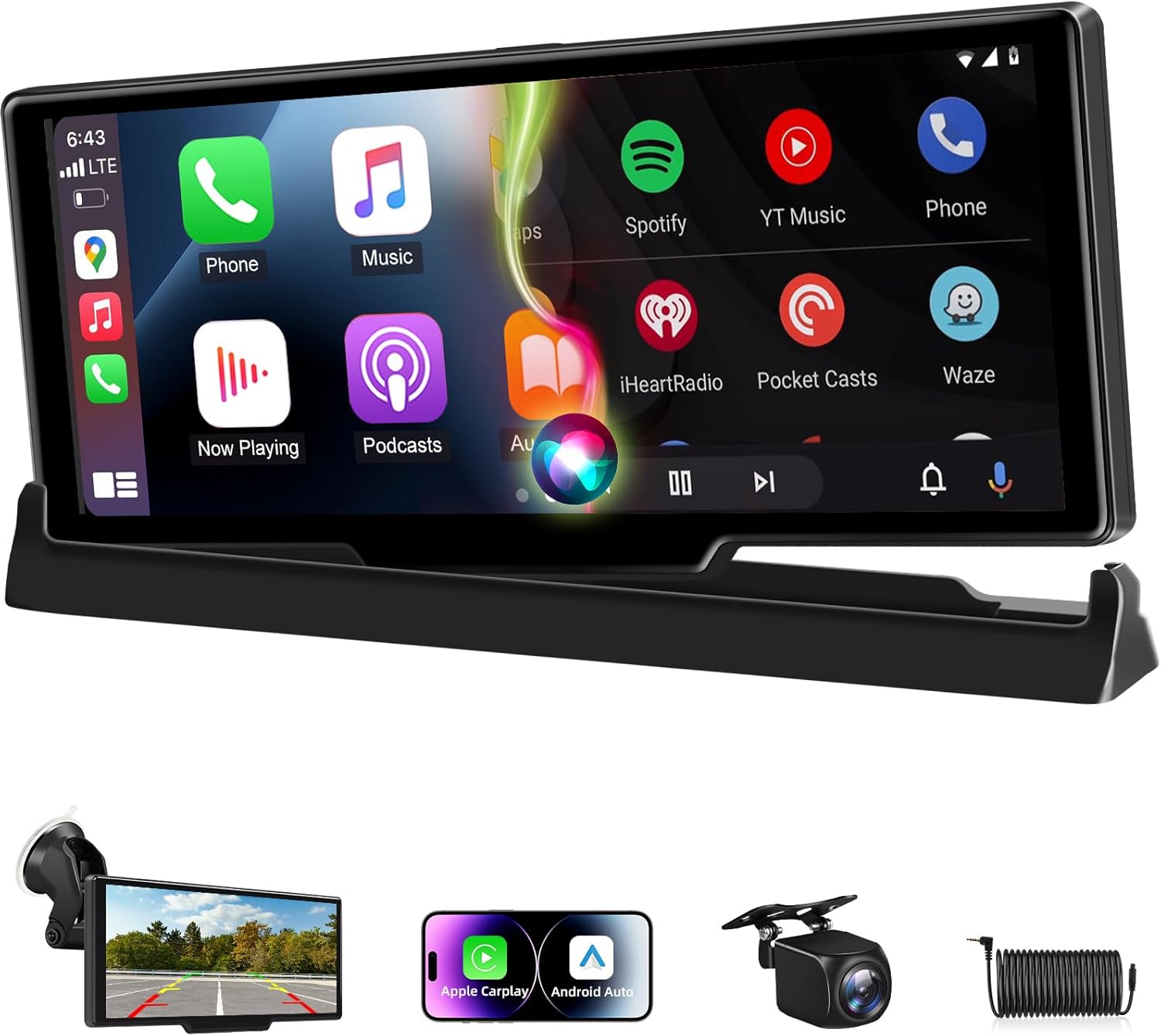 Pantalla CarPlay única con Android Auto y soporte, pantalla táctil de 10,26" con cámara trasera, navegación GPS y pantalla inicial personalizable