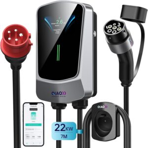 Cargador EV QIAO 22 kW Tipo 2, trifásico 8-32 A, estación de carga para vehículo eléctrico de 7 m, pantalla LCD de 4,3″, enchufe CEE 32 A para pared doméstica con soporte de cable