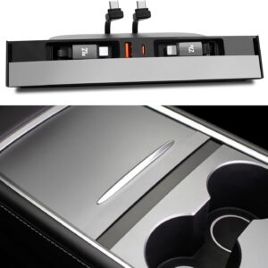 Hub cargador USB para Tesla Model Y 2021-2024 y Model 3 2021-2023 con dos cables retráctiles de carga rápida 27 W, cubierta deslizante, estación para consola central, accesorio interior