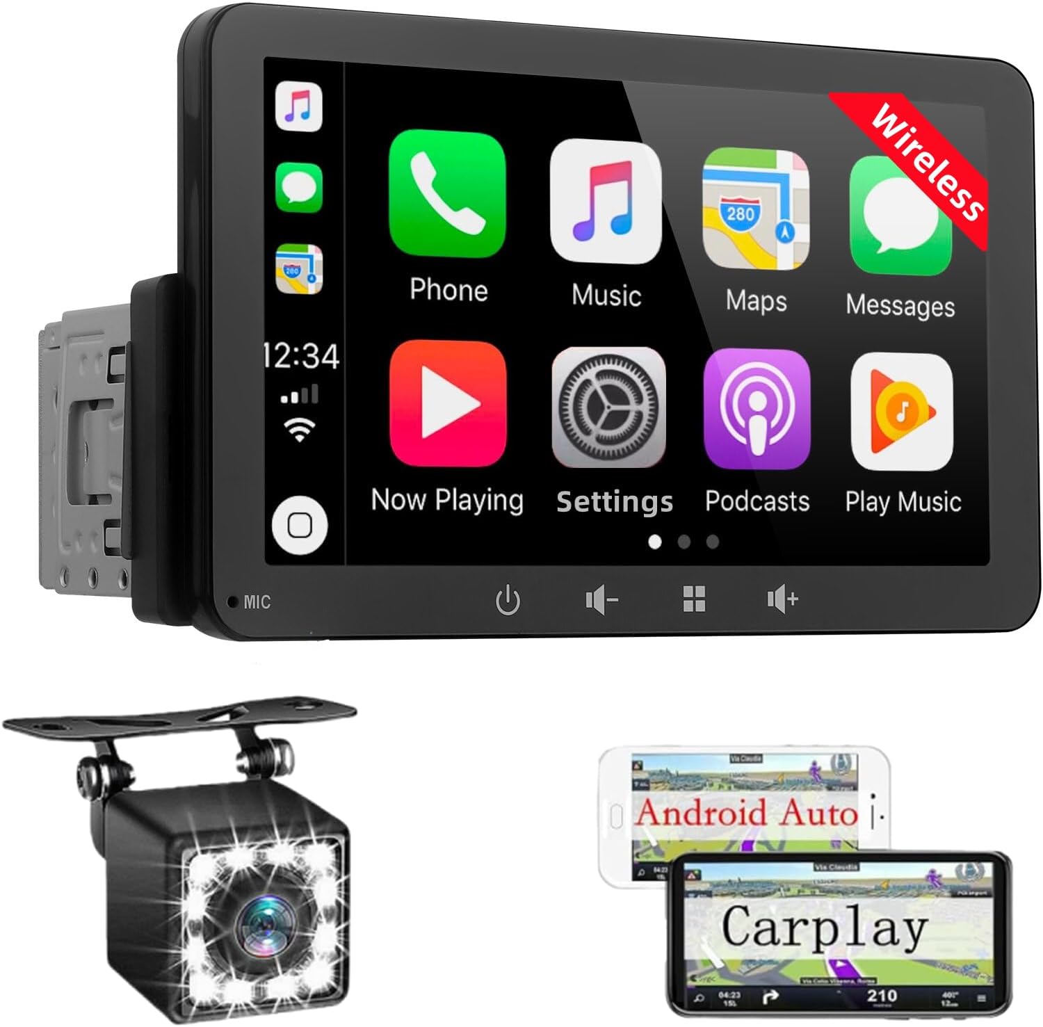Radio 1 DIN con CarPlay y Android Auto inalámbricos, pantalla táctil de 7", Bluetooth, Mirror Link para iOS/Android y cámara trasera