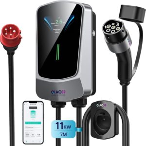 Cargador EV QIAO 11 kW Tipo 2, app inteligente, trifásico 8-16 A, estación de carga mural con pantalla LCD 4,3″, IEC 62196-2, Tipo 2 a enchufe CEE 16 A con soporte de cable