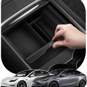 Bandeja organizadora Spigen para consola central Tesla Model 3 2021-2023 y Model Y hasta 2024, accesorio interior con tecnología de deslizamiento suave, reposabrazos afelpado, carbono