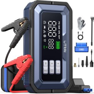 Arrancador de batería de coche UTRAI 7000 A con compresor de aire, escáner OBD II, salida DC 160 W, luz LED 2000 lúmenes y carga rápida 18 W, para gasolina, diésel 14 L e híbridos