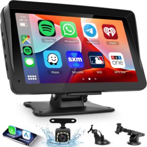 Radio portátil para coche con pantalla CarPlay, pantalla IPS táctil de 7″ con CarPlay y Android Auto inalámbricos, Bluetooth, Mirror Link, soporte de cámara, AUX, FM, TF y GPS