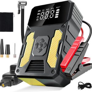 Arrancador de batería de coche con compresor de aire 6000 A, cargador portátil, power bank de emergencia con linterna LED y pantalla LED, amarillo