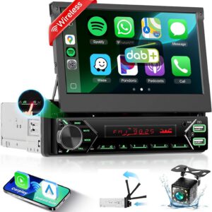 Radio podofo 1 DIN Bluetooth DAB+ con CarPlay y Android Auto inalámbricos, pantalla táctil motorizada de 7″, Mirror Link, FM, USB, Type-C, AUX, micrófono y cámara de marcha atrás