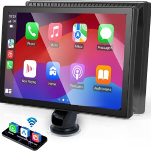 Estéreo portátil para coche de 9″ con Apple CarPlay y Android Auto, pantalla táctil inalámbrica con control de voz, compatible con todos los vehículos
