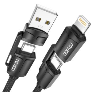Cable de carga múltiple RAVIAD 1 m, 4 en 1, USB C/A a Lightning o Type-C, carga rápida 60 W PD, nylon, para iPhone 16/15, Galaxy S24/S23, Huawei y Honor, negro