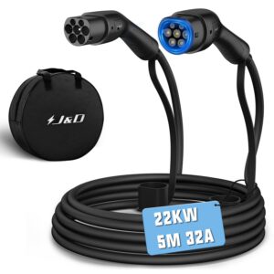 Cable de carga EV J&D Tipo 2 a Tipo 2 con bolsa de transporte, 32 A, 22 kW, 5 metros, compatible con Model 3/X/Y/S, Zoe, ID.3, ID.4, E-Tron, i3, etc.