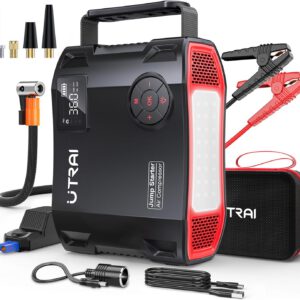 Arrancador de batería UTRAI 8000A 27000 mAh con compresor de aire, carga rápida 18 W, luz LED 1600 lúmenes, salida DC 160 W, pantalla LCD y Quick Charge 3.0, para gasolina o diésel 12 L