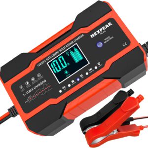 Cargador inteligente de batería 10 A, cargador portátil con pantalla LCD para coche, moto, camión, AGM, gel, húmeda y SLA, rojo intenso