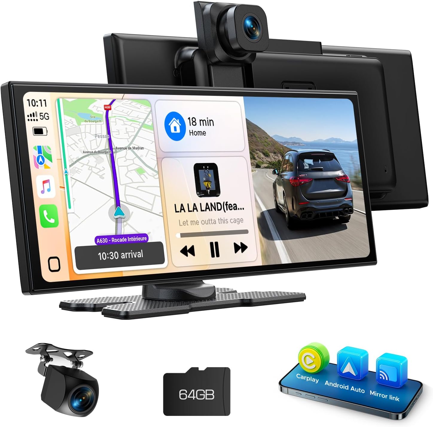 Pantalla CarPlay de 10,25" para coche con cámara frontal 2.5K y cámara trasera 1080P, compatible con Apple CarPlay y Android Auto, asistente portátil, navegación, Bluetooth, Mirror Link, AUX y tarjeta 64 GB