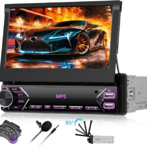 Radio 1 DIN con pantalla táctil extraíble de 7″, Bluetooth, Mirror Link para iPhone/Android, control de volante, micrófono externo, radio FM y USB Type-C