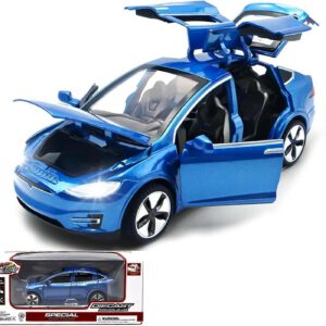 Tesla Model X a escala 1:32, juguete electrónico de aleación fundida con función de retroceso, luces y música, mini vehículo de regalo para niños, azul