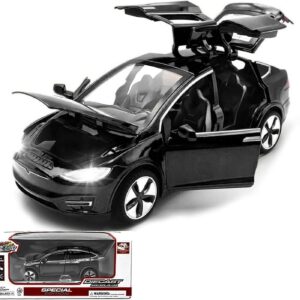Tesla Model X a escala 1:32, coche de juguete electrónico de aleación fundida con función de retroceso, luces y música, mini vehículo de regalo para niños, negro