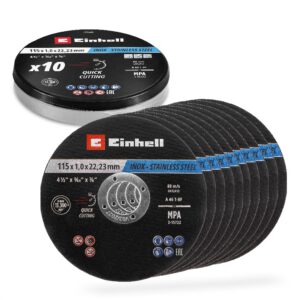 Discos de corte metálicos originales Einhell, 10 piezas, diámetro 115 mm en lata, corte rápido, trabajo de metal, fácil corte, certificado MPA, independientes de marca