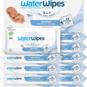 Toallitas WaterWipes Sensitive+ para recién nacidos y bebés, 720 unidades, pack de 12, limpieza, cuidado y protección 3 en 1, 99,9% agua, sin perfume