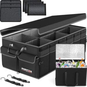 Organizador de maletero FORTEM con bolsa térmica, caja plegable SUV con compartimentos, tela Oxford 600D, base antideslizante, correas y tapa blanda, 105 L
