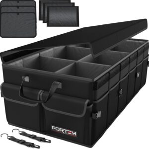 Organizador de maletero FORTEM para coche, caja plegable SUV con compartimentos, tela Oxford 600D, base antideslizante, correas ajustables y tapa blanda, 85 L