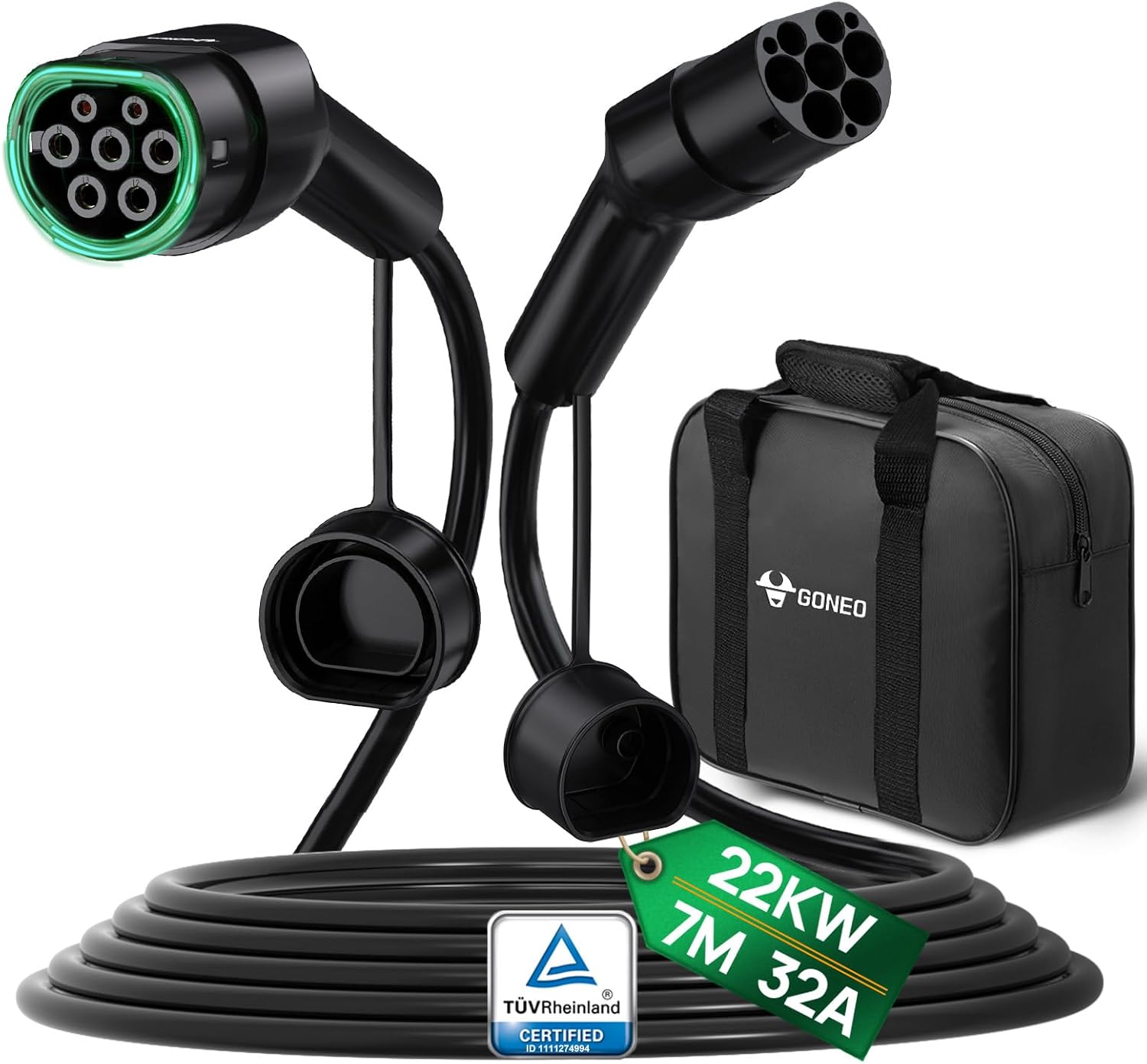 GONEO Charging Cable Type 2 22kW 7M 32A Mode 3 Charging Cable for Electric Car Type 2 and 3 Phases for E Auto EV/PHEV Type 2 to Type 2 with Carry Bag - Image 2