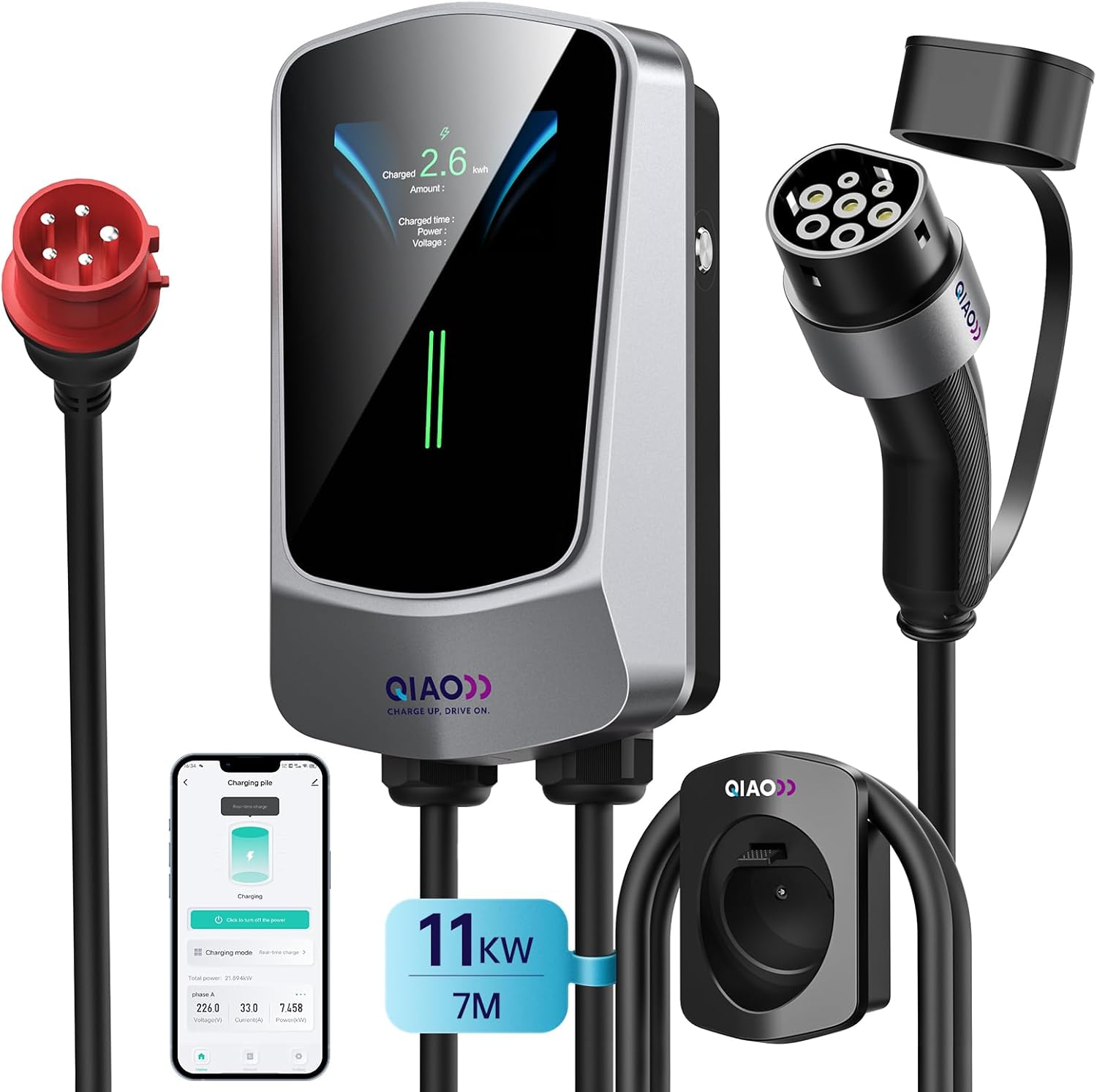 QIAO 11kW EV Charger Type 2, Smart App 3-Phase 8-16A, Wall Mount Electric Vehicle Charging Station with 4.3 LCD Display, IEC 62196-2 Home EV Wall Charger Type 2 to CEE 16A Plug with Cable Holder - Image 2
