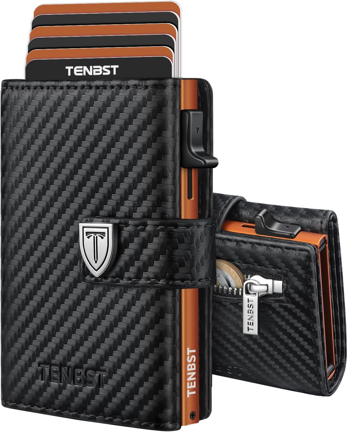 TENBST Carteras para Hombre - Ultrafina Cartera Hombre con Monedero y protección RFID, Tarjetero pequeño Premium, Billeteras para de Lujo para 10 Tarjetas de crédito (Negro & Naranja) - Image 2