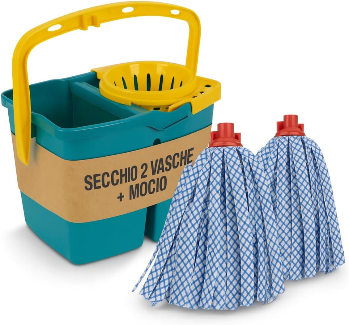 Tomaino - Floor Mop Bucket with Double Plastic Bucket – 7 Litre Mop with Drainer – 2 Tanks for Clean and Dirty Water (Bucket + 2 Micorfibre Refills) - Image 2