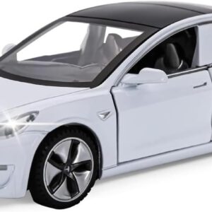 Tesla Model 3 a escala 1:32, coche de juguete con luz y música, función de retroceso, aleación fundida, ideal para niños de 3+ años y coleccionistas, blanco