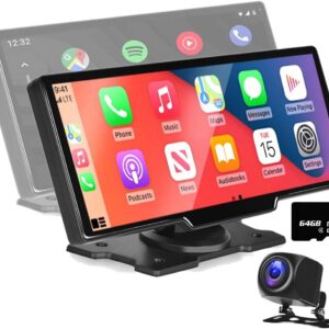 Monitor de coche Apple CarAutoPlay inalámbrico y Android Auto con pantalla táctil de 10″, estéreo de salpicadero, DVR, llamadas Bluetooth, cámara trasera y tarjeta 64 GB