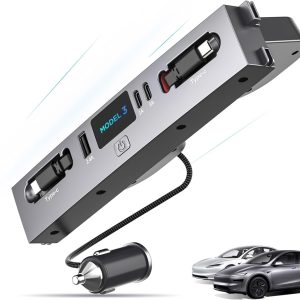 Hub dual USB-C 5 en 1 para Tesla Model 3 Highland 2024/2025, cargador rápido máximo 132W para iPhone 16/15, 2 cables retráctiles y estación docking de 3 puertos