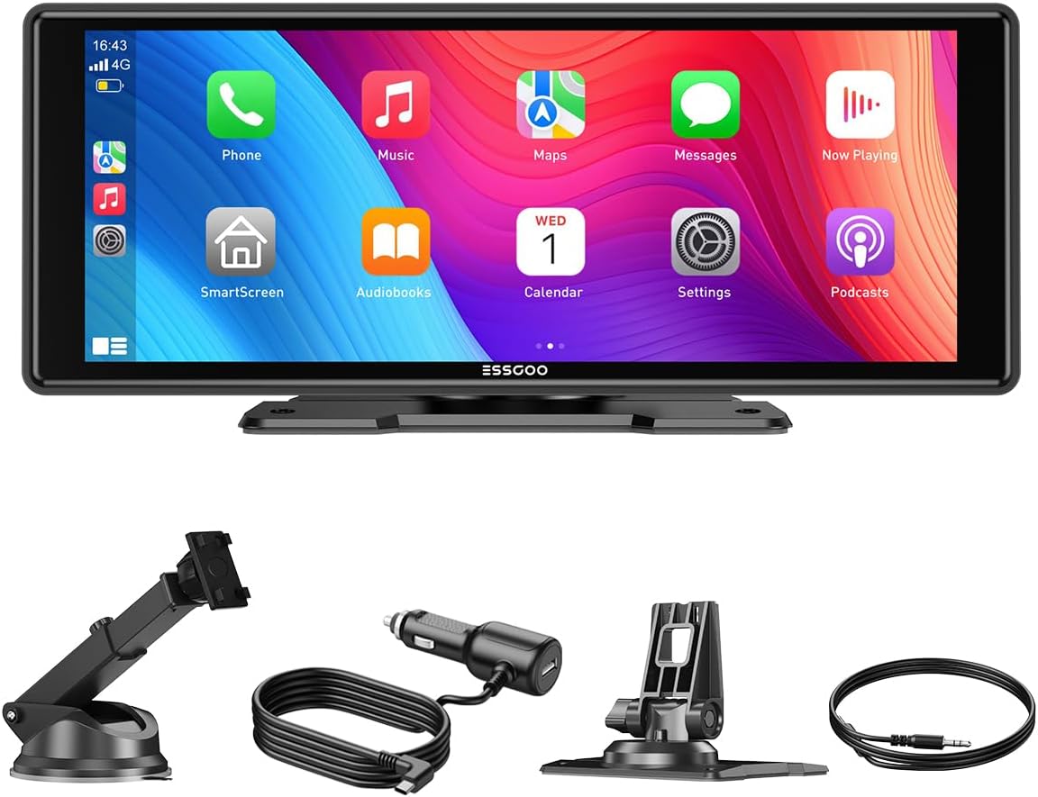 Pantalla ESSGOO compatible con Apple CarPlay y Android Auto, pantalla táctil IPS de 10,26" con sensor de luz, compatible con Mirror Link, asistentes Google y Siri
