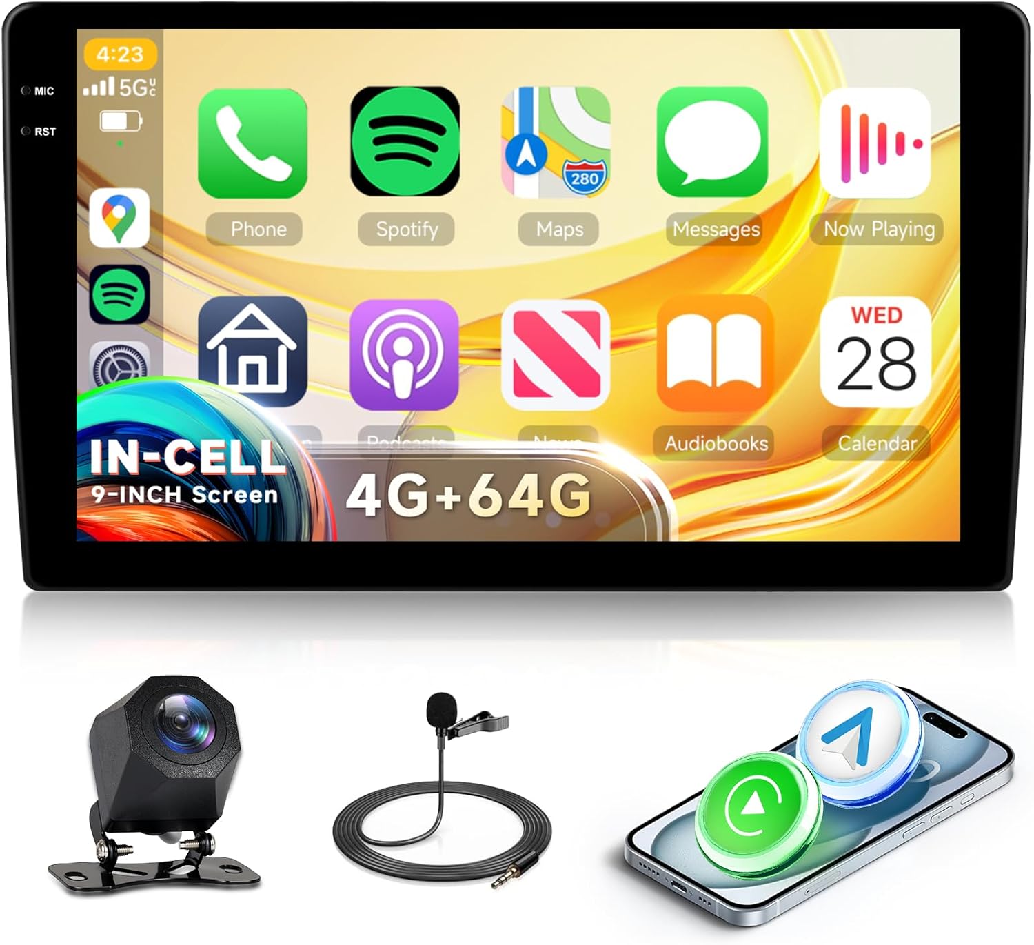 Radio Android 13 Rimoody 4+64G 2 DIN con CarPlay inalámbrico, pantalla HD de 9", Android Auto, navegación GPS, Mirror Link, Bluetooth, WiFi, FM/RDS, EQ, USB, control de volante y cámara trasera