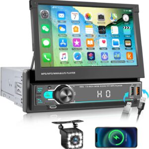 Radio CAMECHO 1 DIN Bluetooth manos libres, pantalla manual retráctil de 7″, carga Type-C, USB, AUX, TF, FM, luces de 7 colores, MirrorLink, control de volante y cámara trasera