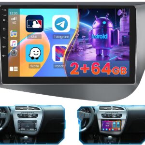 Radio Android 2+64GB para Seat Leon MK2 2005-2012, CarPlay inalámbrico y Android Auto, pantalla táctil de 9″, GPS, Bluetooth 5.0, cámara trasera, WiFi, FM RDS y SWC