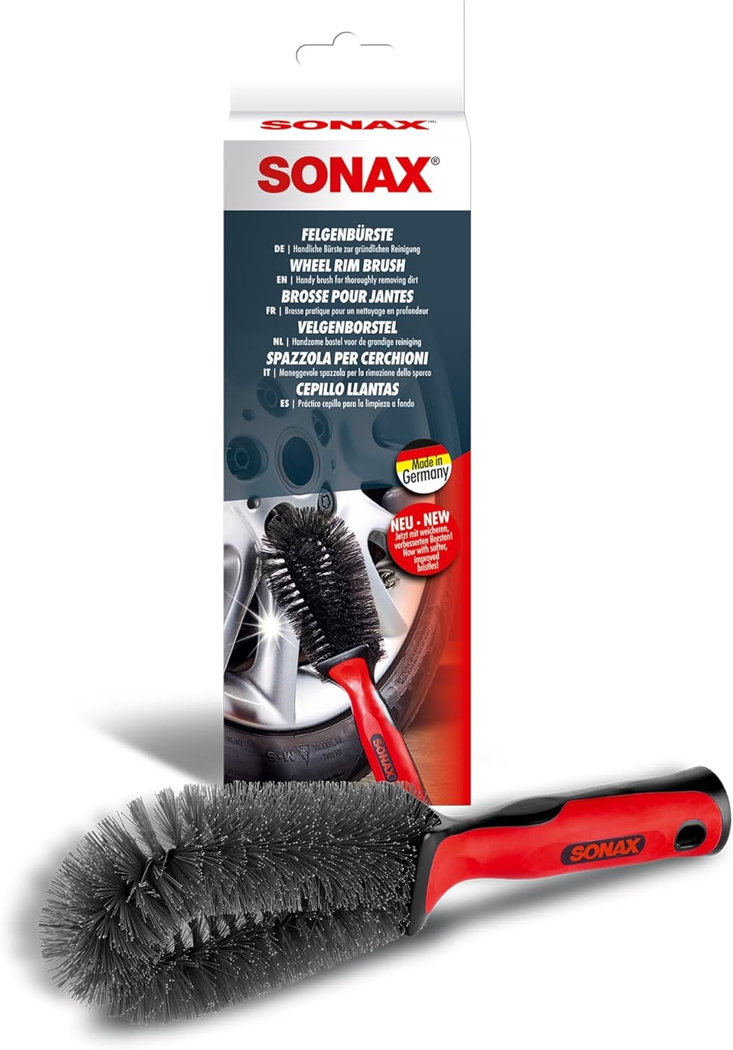 Cepillo para llantas SONAX, 1 unidad, práctico para limpiar suciedad persistente y zonas de difícil acceso en llantas de acero y aluminio, Nº 04179000