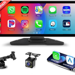 Radio portátil Hodozzy de 10,26″ con CarPlay inalámbrico y Android Auto, Bluetooth, pantalla IPS táctil, Mirror Link, control por voz, AUX, USB y cámara trasera