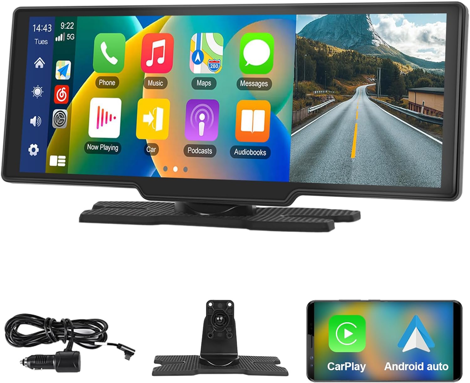 Radio portátil Podofo de 10,26" con Apple CarPlay y Android Auto inalámbricos, grabador de pantalla para coche, pantalla táctil 7-32V, asistente de voz, Bluetooth, transmisor FM, AUX y TF