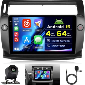 Radio Hikity Android 4+64G para Citroen C4 2004-2009, CarPlay inalámbrico, pantalla Incell de 9″, Android Auto, Bluetooth 5.0, GPS, FM/RDS y cámara trasera