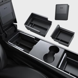 Organizador BASENOR de consola central de 3 piezas para Tesla Model Y 2021-2024 y Model 3 2021-2023, Carbon Fiber Edition, caja oculta para reposabrazos