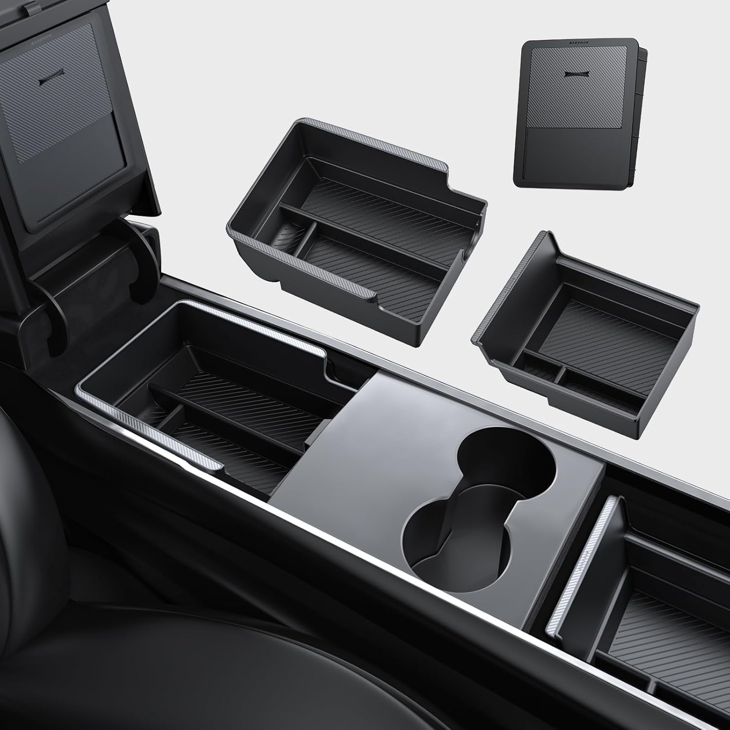 Organizador BASENOR de consola central de 3 piezas para Tesla Model Y 2021-2024 y Model 3 2021-2023, Carbon Fiber Edition, caja oculta para reposabrazos