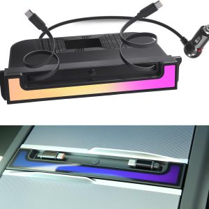 Hub USB para Tesla Model Y Juniper 2025-2026 y Model 3 Highland 2024-2025, carga rápida USB-C de 120W con cables retráctiles, adaptador de consola central de 2 puertos con iluminación ambiental RGB