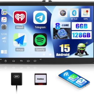 Radio CAMECHO Android 15 6G+128G 8 núcleos para VW Golf 5, Polo, Caddy y Skoda, con navegación, CarPlay y Android Auto inalámbricos, doble DIN, pantalla 9″, Mirror Link, RDS/FM, Bluetooth 5.0 y DSP