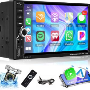 Radio Podofo 2 DIN con CarPlay y Android Auto, pantalla táctil de 7″, Bluetooth, MirrorLink, FM, USB, AUX, carga, mando a distancia y retroiluminación 7 colores