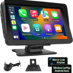 Radio portátil Podofo con CarPlay inalámbrico y Android Auto, pantalla táctil HD de 7″, Bluetooth, transmisión FM, Apple AirPlay y Mirror Link