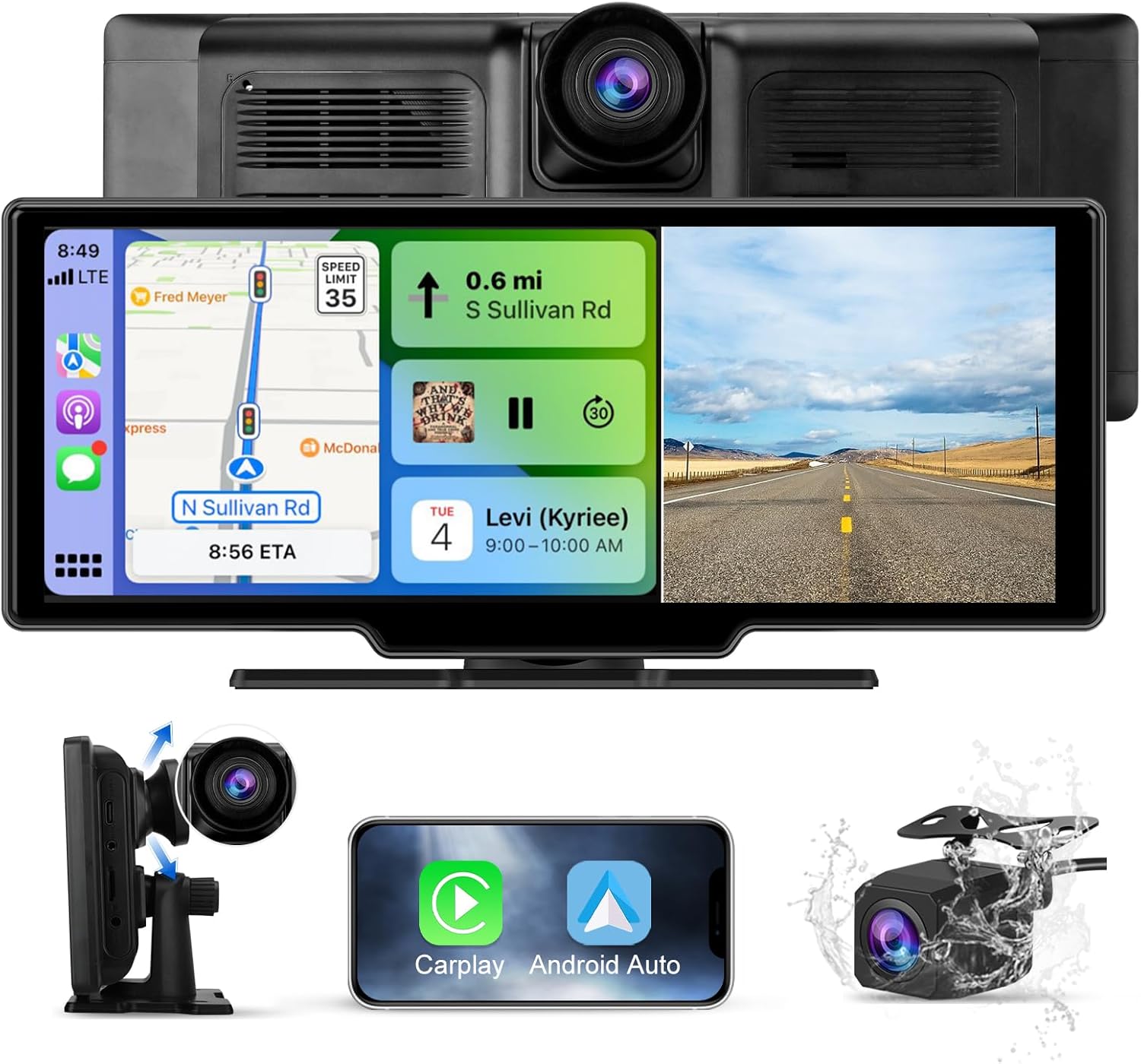 Pantalla táctil AWESAFE de 10,26" para coche con CarPlay y Android Auto inalámbricos, pantalla portátil con dashcam frontal 4K, cámara trasera HD 1080P, control por voz, Bluetooth y Mirror Link