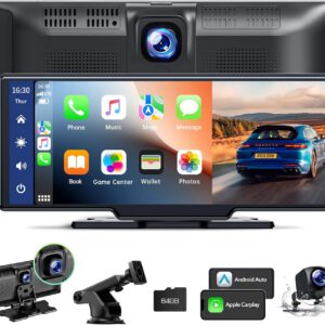 Radio LAMTTO CarPlay inalámbrica de 9,26″, Apple CarPlay y Android Auto portátil, dashcam delantera y trasera 2.5K+1080P, Mirror Link, Bluetooth, Siri, Google, FM y tarjeta TF 64 GB