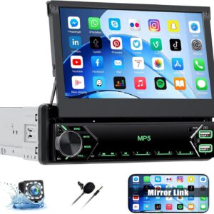 Radio CAMECHO 1 DIN con pantalla táctil HD manual extensible de 7″, Bluetooth, Mirror Link, FM, control de volante, 2 USB, AUX, Type-C, cámara trasera y retroiluminación