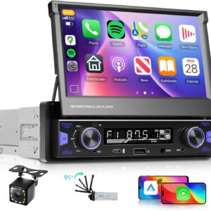Radio Hodozzy 1 DIN con CarPlay y Android Auto inalámbricos, pantalla táctil de 7″, Bluetooth, FM, AM/RDS, MP5, MirrorLink, USB, AUX, Type-C, control de volante y cámara