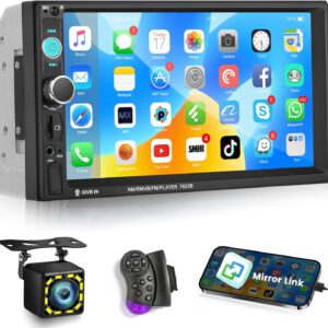 Radio NHOPEEW 2 DIN con pantalla táctil HD de 7″, Bluetooth 5.0, Mirror Link para Android/iOS, radio FM, USB, TF, AUX, control de volante y cámara trasera con 12 LED