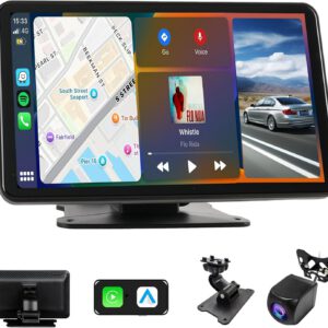 Audio portátil de coche para CarPlay y Android Auto inalámbricos, radio estéreo IPS táctil de 7″, cámara trasera HD 1080P, FM, AUX, control por voz y navegación GPS